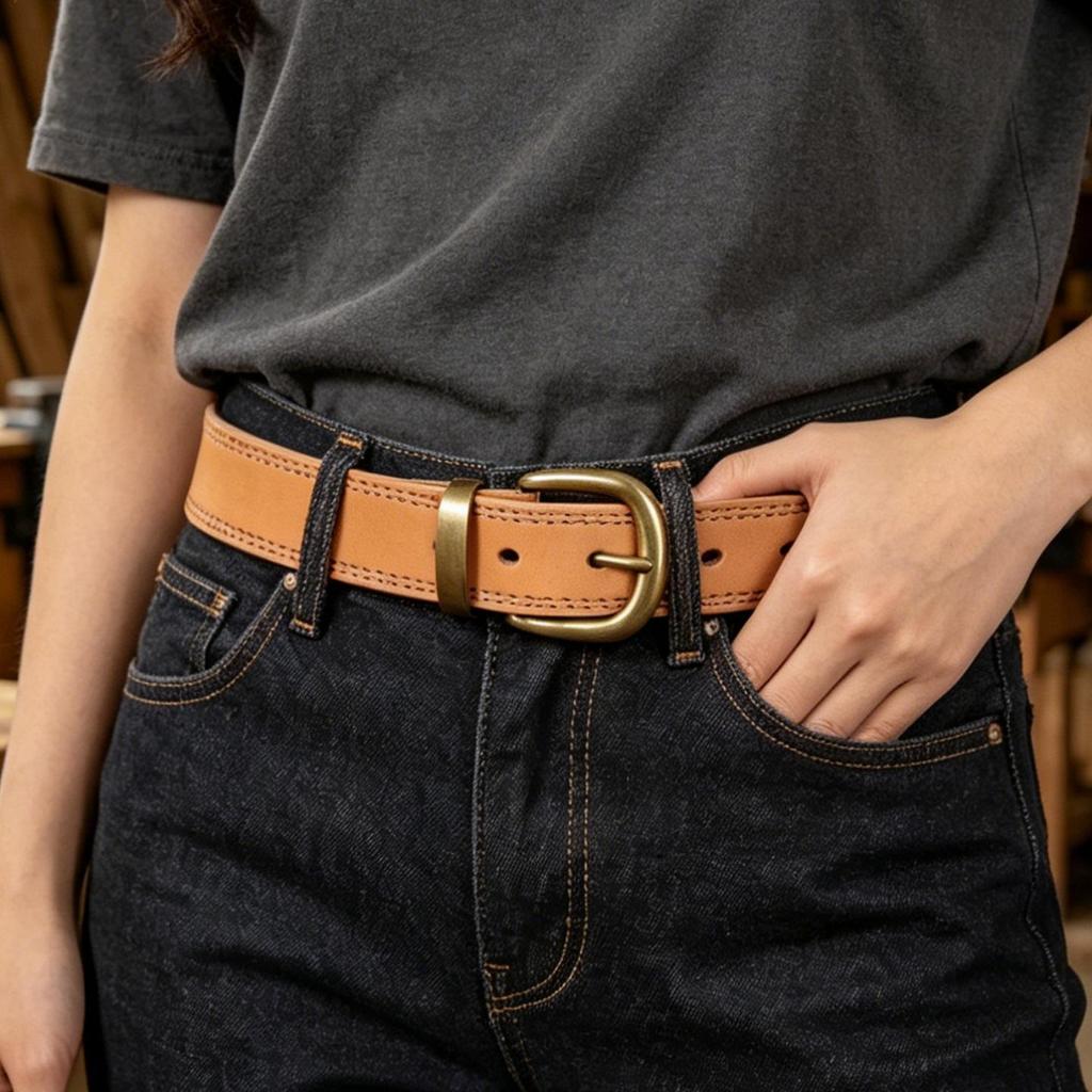 Women's Retro Leather Jeans Belt - Top Layer Cowhide, Pin Buckle, Vegetable Tanned, Casual Hong Kong Style