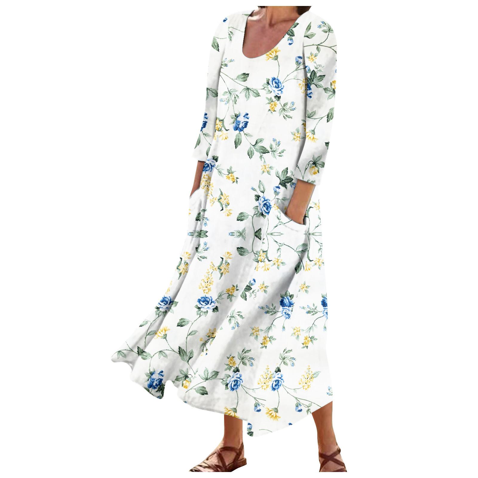 Женское модное повседневное свободное карманное платье с круглым вырезом и рукавами 3/4 — фото 3