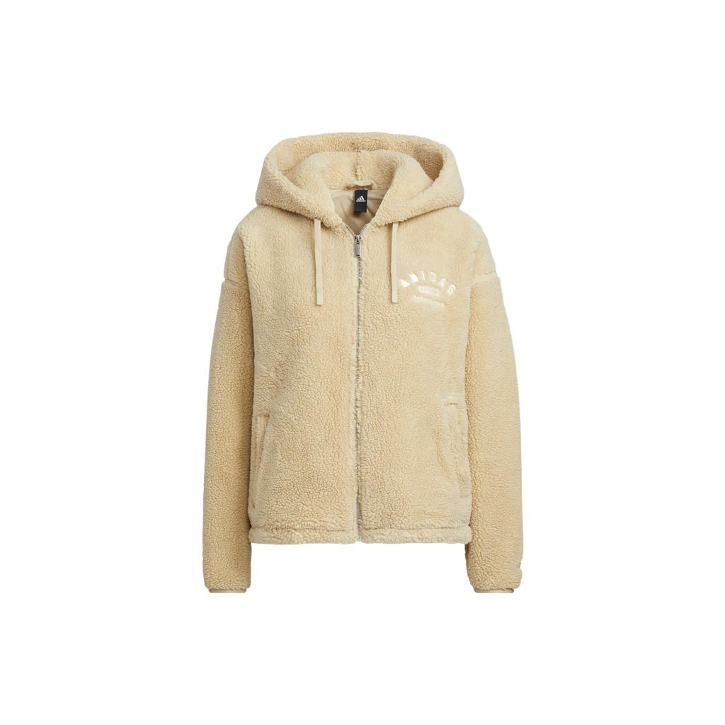 Adidas Solid Color Faux Sherpa Zip Hoodie Jacket Women Outerwear Prairie-Brown IK3477