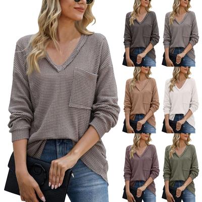 Women's Fashion V Neck Solid Color Long Sleeved Pullover Long Sleeved Top   Casual Loose Top