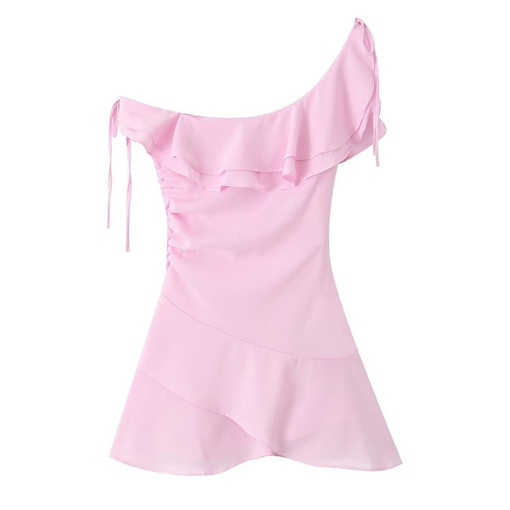 European and American style pink sweet single shoulder irregular multi-layer dress women's summer new slanted shoulder lace-up dress short dress