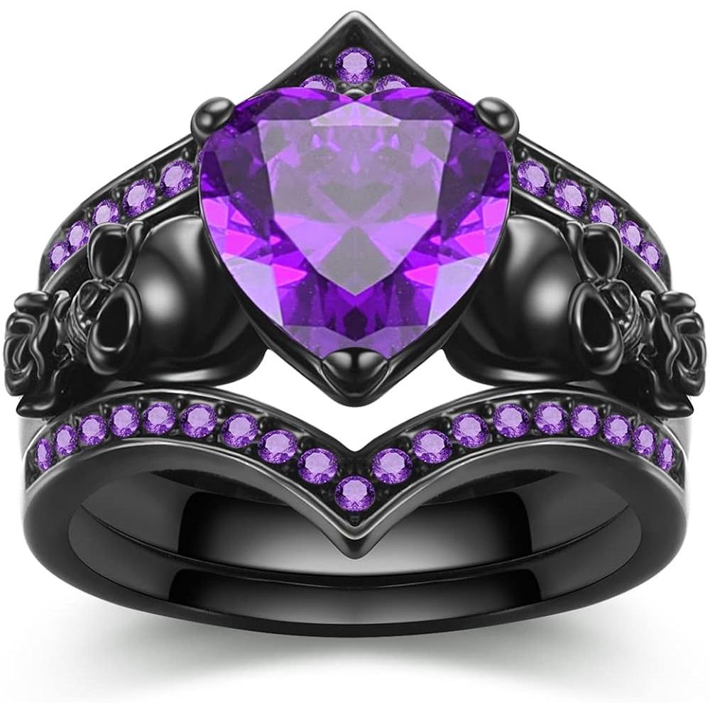 

Gothic Black Rose Flower Skull Engagement Ring Set Red Purple Heart Zircon Crystal Anniversary Mother s Day Holiday Gift Jewelry 10 фіолетовий