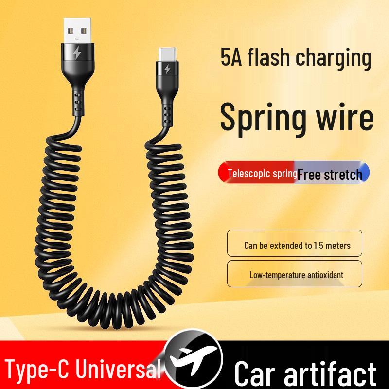 120W Dual Type-C Spring Retractable Data Cable for Fast Charging, Compatible with Apple, Huawei, and Honor