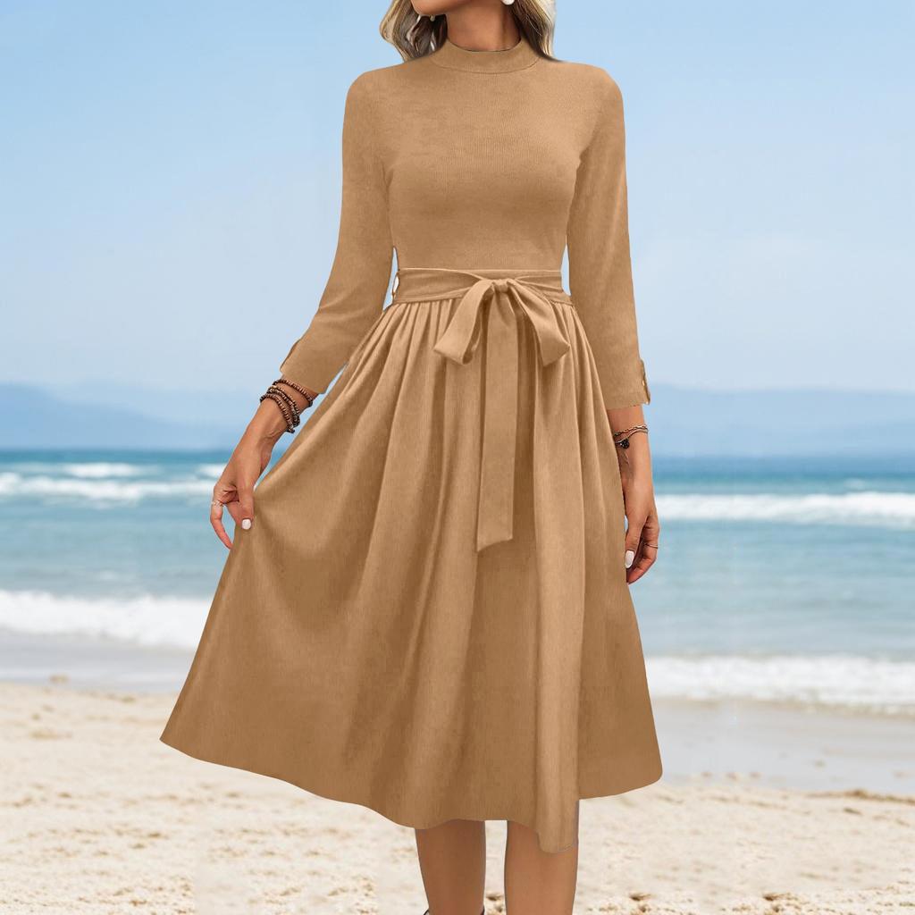 Women's Fashion Casual Belt Seven Sleeve Round Neck Solid Color Temperament Dresses