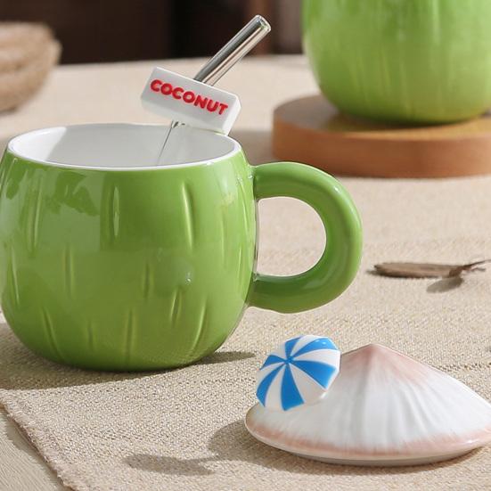 Tazza da Caffè in Ceramica a Forma di Cocco Tazza da Caffè con Manico Coperchio Mini Ombrello Cannuccia Resistente alle Alte Temperature Stoviglie Estive