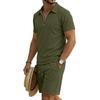 Men's Short Sleeve Polo Shirt and Shorts Set with Pockets Summer Casual Sportswear Lightweight Breathable Waffle Knit Fabric