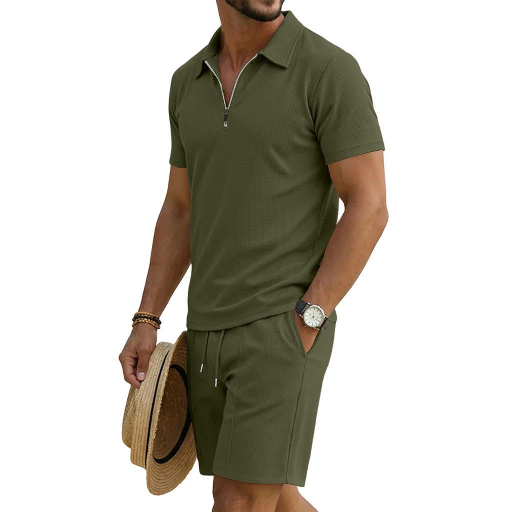 Men's Short Sleeve Polo Shirt and Shorts Set with Pockets Summer Casual Sportswear Lightweight Breathable Waffle Knit Fabric