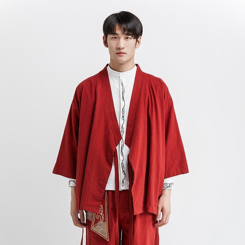 Luźny męski kardigan Hanfu Zen: Taoistyczna szata z rękawami 3/4 w stylu retro chińskim