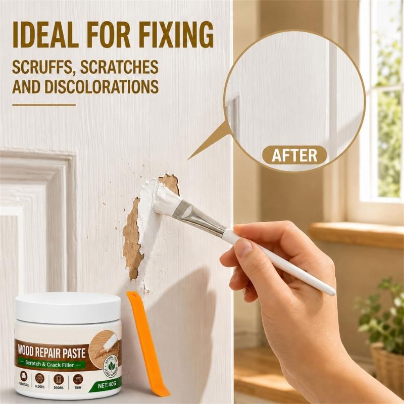 Wood Repair Cream 40g with Brush for Furniture Cabinets and Trim, Scratch Cover for Edge Wear and Small Cracks