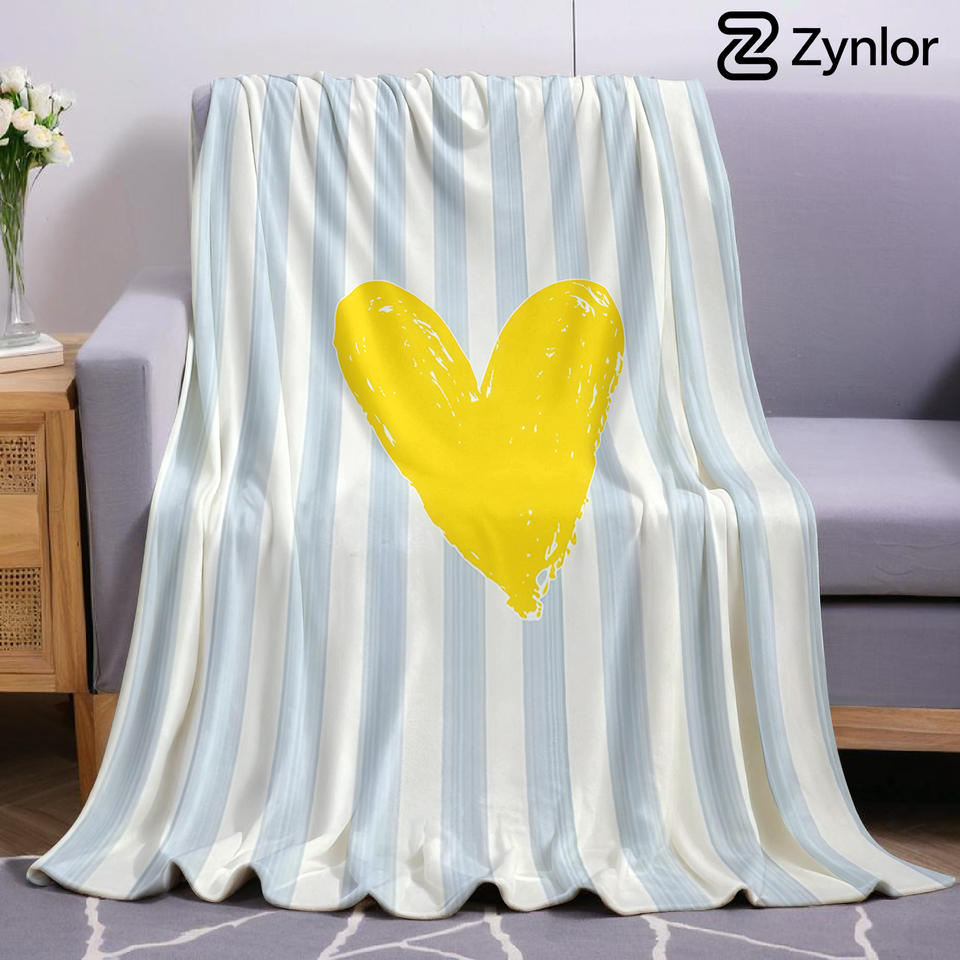 Stripe Yellow Heart Cartoon Anime Print Flannel Blanket Soft Warm Throw for Kids Bedroom Sofa Bed Christmas Office Car
