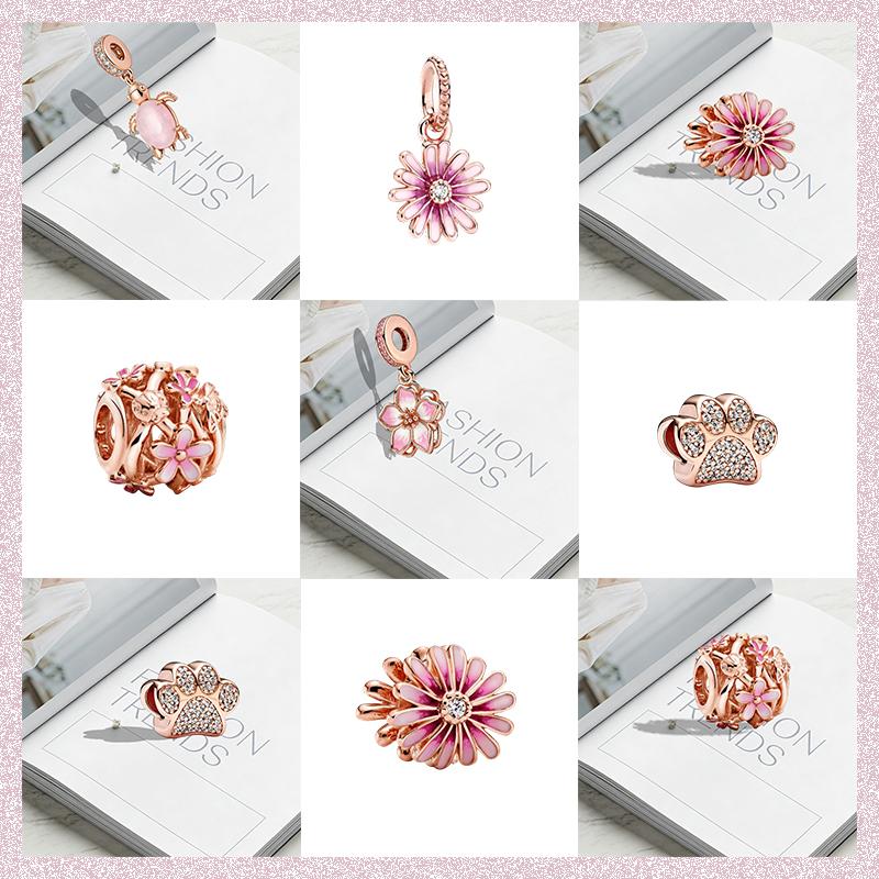 Original Charm Beads,Rose Gold Series,Pink Daisy&Openwork Pink Daisy Flower Charm Beads Fit Pendant Bracelet Women Jewelry Gift