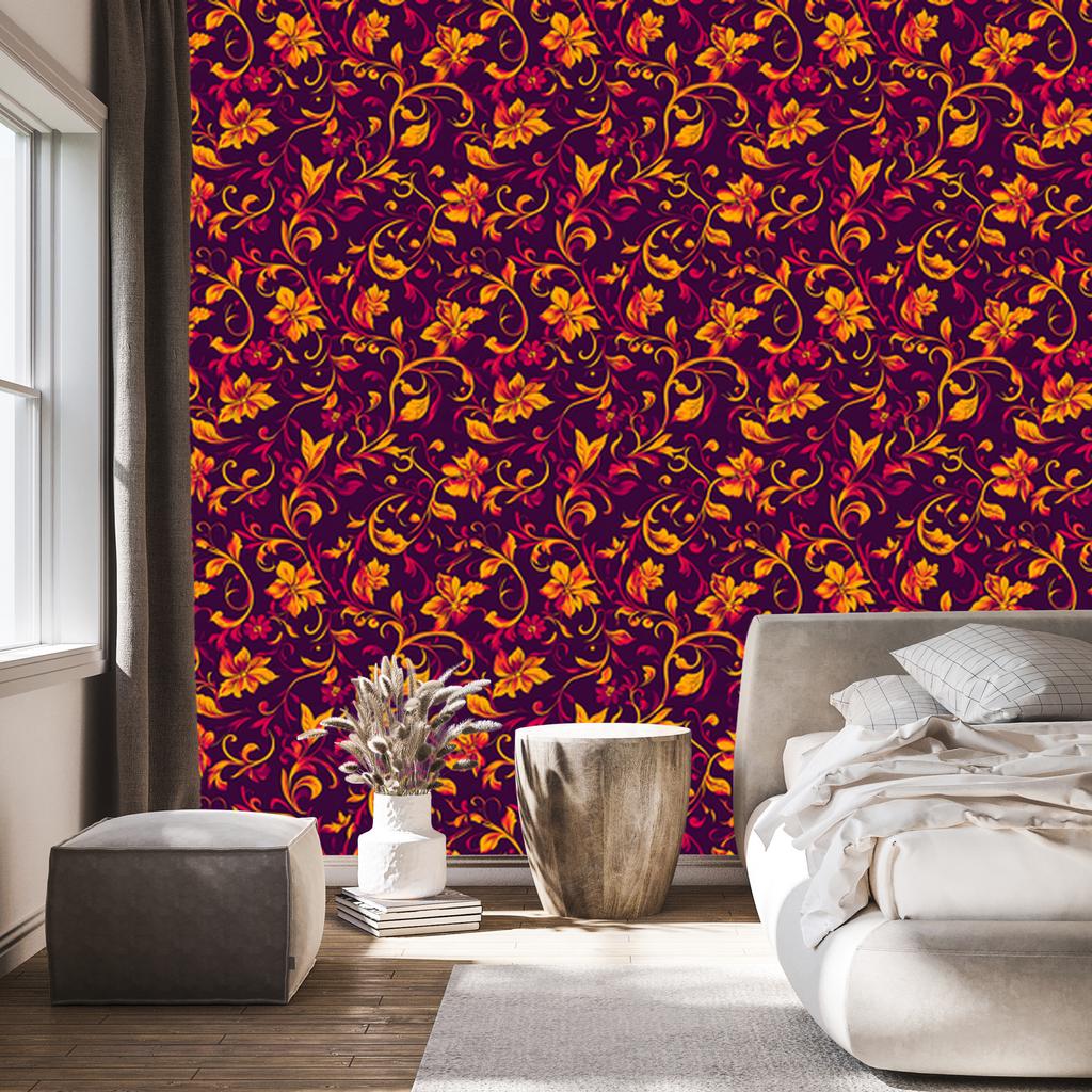 Intricate floral pattern wallpaper in burgundy and plum 50x1000