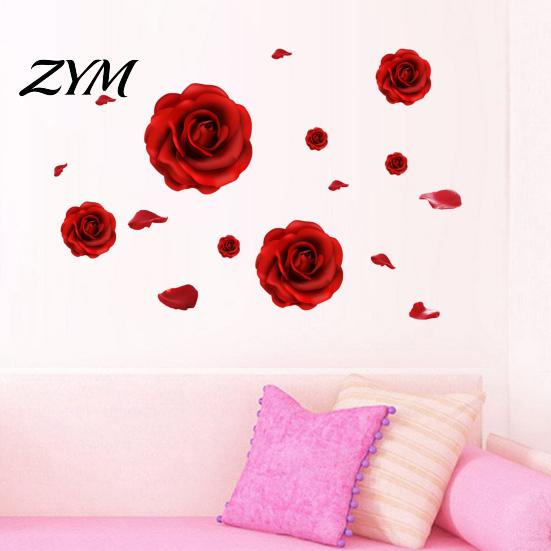 Anniversary Home Decoration Gift Romantic 3D Rose Flower Wall Stickers, Waterproof PVC Decal, Peel And Stick Large Red Mural Art Decor, Decals