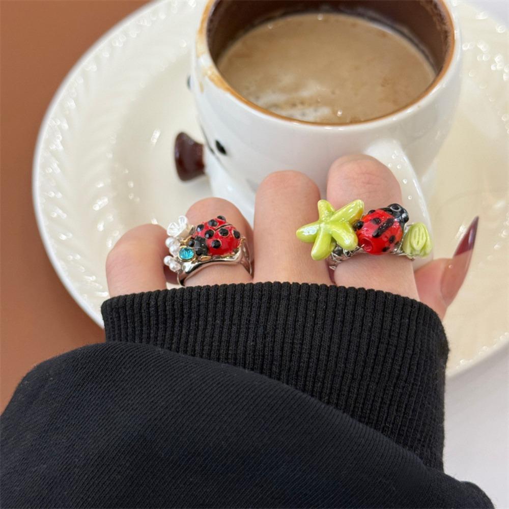 Geometric Chunky Enamel Ring Rhinestone Painting Ring Personality Insect Drip Oil Ring Couple