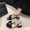 High Heels Women's Summer 2025 New Pearl Bow with Hollow Square Head Middle Heel Fashion Sandals Women