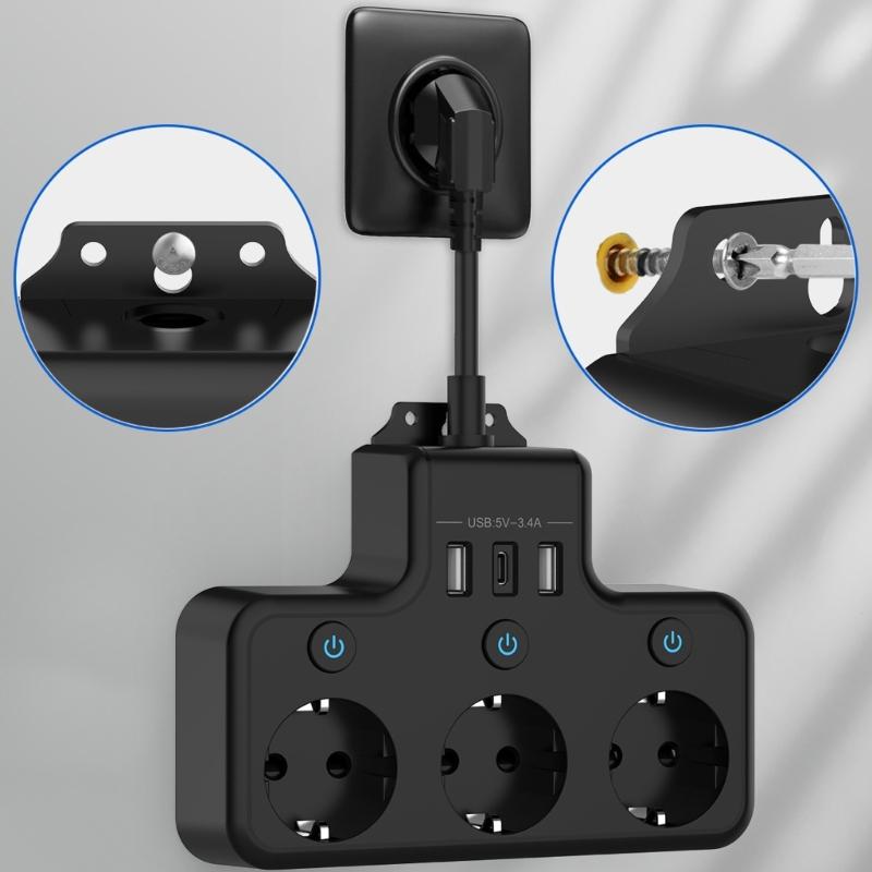 Compactly European Power Strips Electrical Outlet With 3Outlets And USB /Type C Port For Fast Charging At Homes Office
