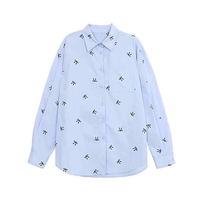 Solid Color Women's Shirt Bow Print Chest Pocket Turn Down Collar Long Sleeved Blouse Spring New Style Loose Casual Cute Version Female's Top
