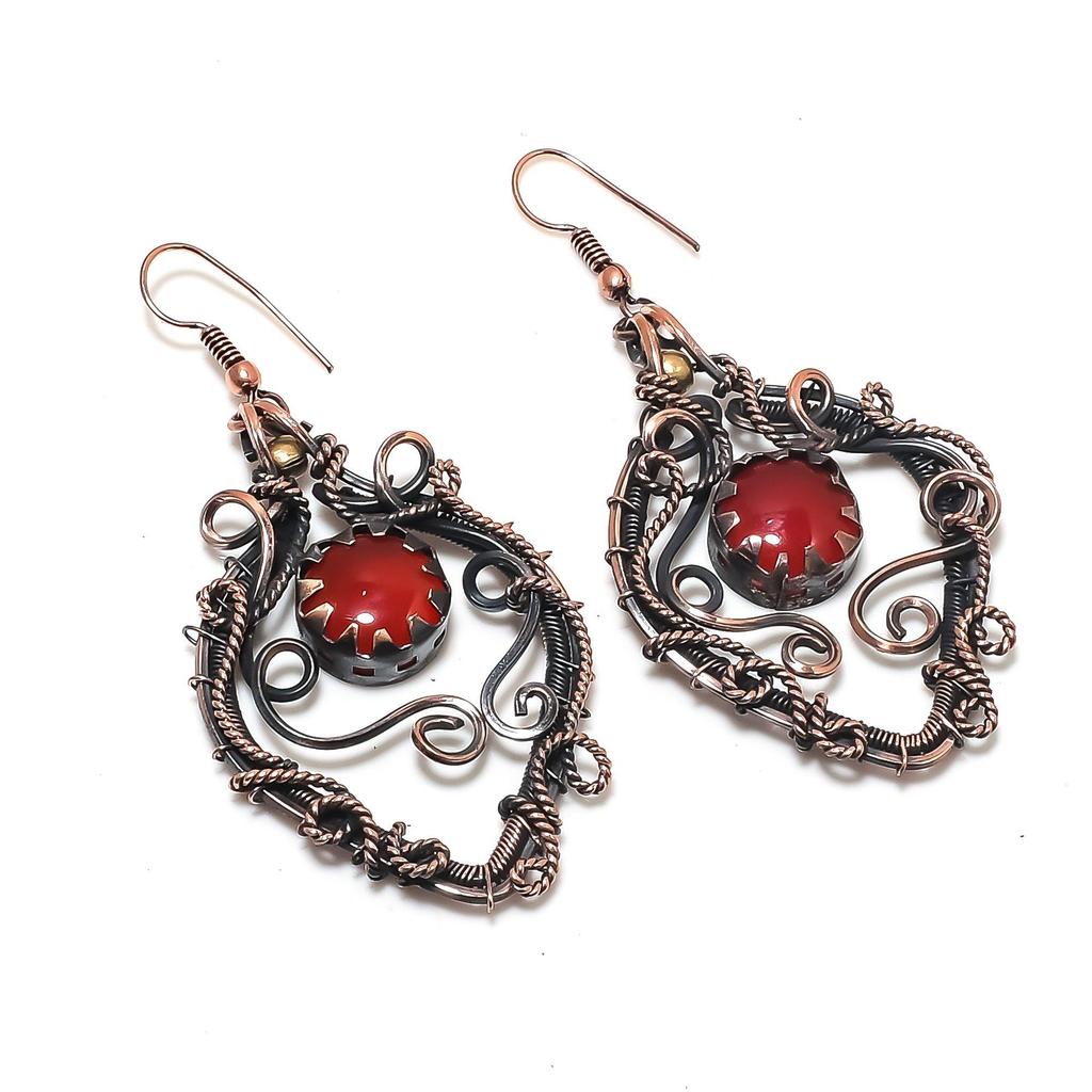 Carnelian 999 Copper Wire Wrapped Earrings, Handmade Gemstone Jewelry Earrings For Memorial Day