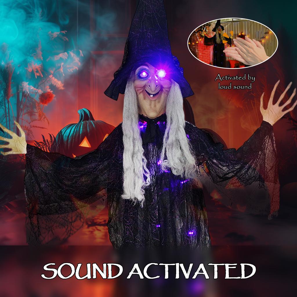 183 cm Life Size Halloween Animated Hanging Witch with Glowing LED Eyes & Body, Spooky Witch Scary Halloween Decorations, Battery Operated
