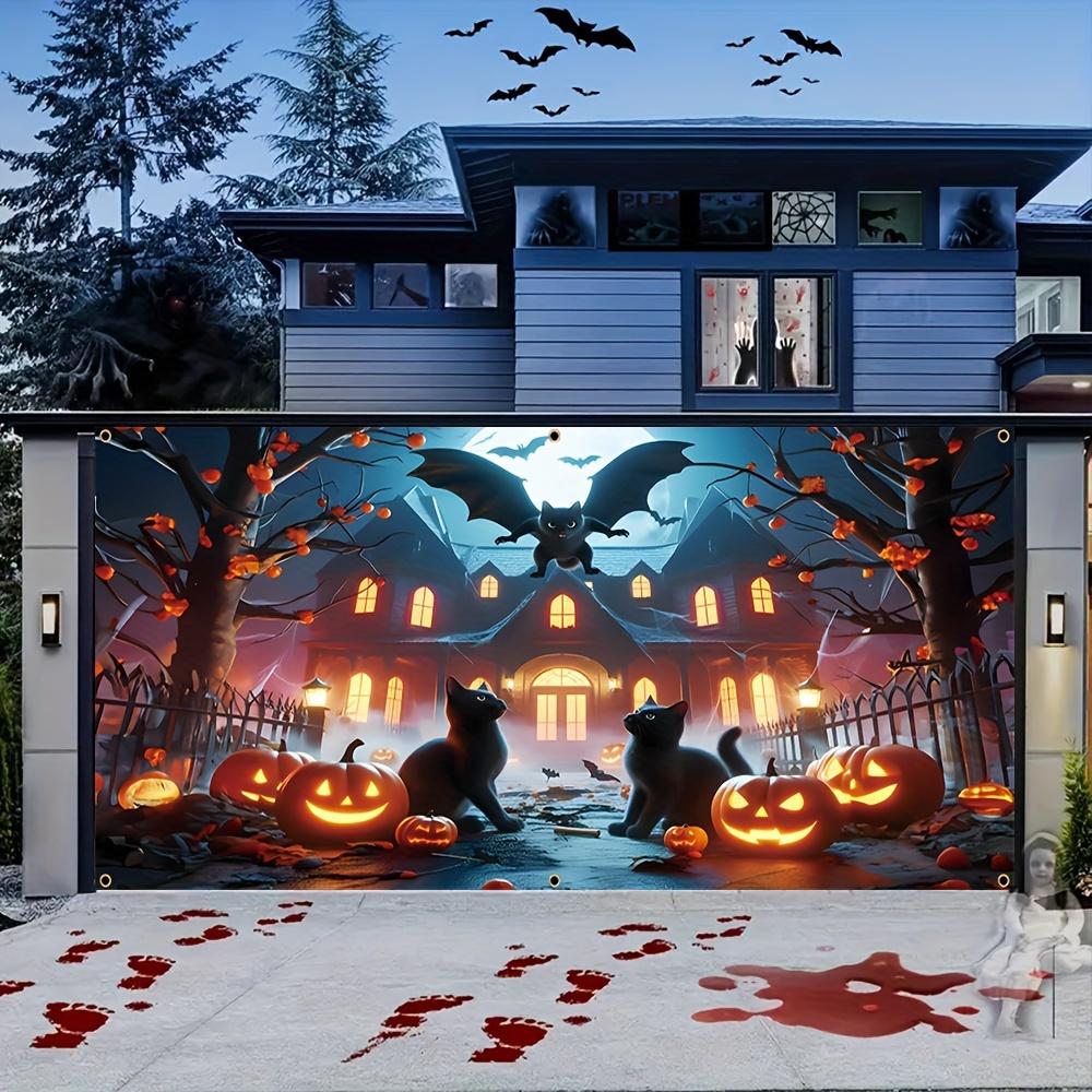 One 2D flat Halloween ghost garage polyester banner pumpkin lantern and haunted house design suitable for Halloween decoration