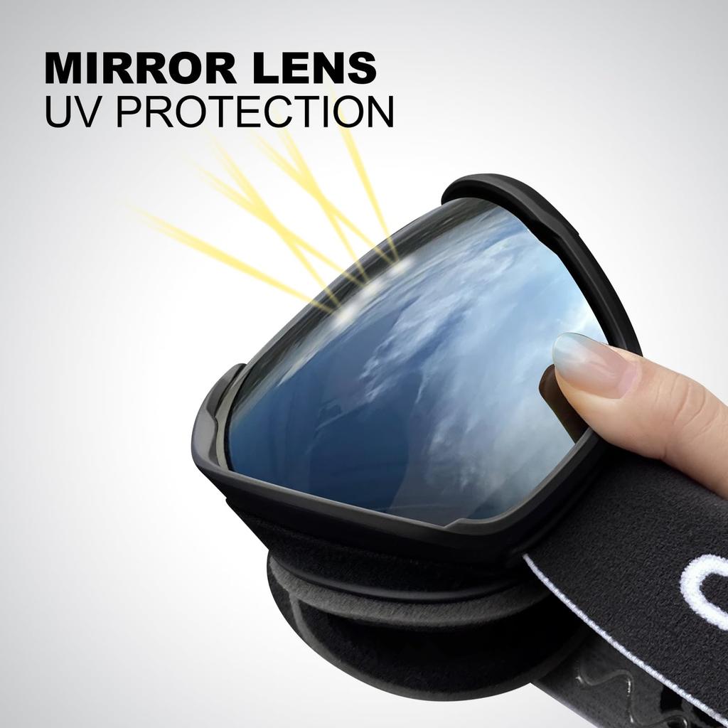 Odoland Snow Spherical OTG Glasses Mirrored UV400 Double Adult Size Silver VLT Goggles, Dual-Layer Lenses, Anti-Fog, Compatible, Lenses, Protection,