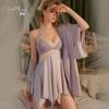 Women's Satin Lace Deep V Backless Tie Sleep Dress with Robe Lounge Set