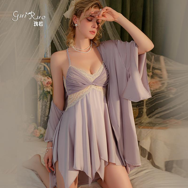 Women's Satin Lace Deep V Backless Tie Sleep Dress with Robe Lounge Set
