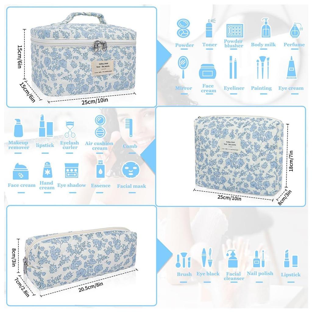 Floral Makeup Bag Quilted Cosmetic Large Capacity Travel Makeup Pouch Set of Blue Set, Pouch, 3,