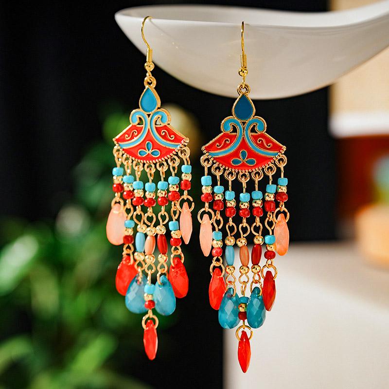 Bohemian Fan Shaped Water Drop Earrings for Women Ethnic Long Temperament Dangle Earring Party Vacation Jewelry