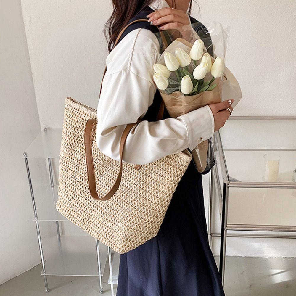 Solid Color Weave Straw Bag Bohemian Style Hollow Tote Bag Cute Zipper Beach Bag  Girls