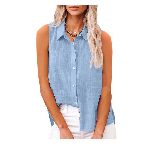 

Women Shirt Lapel Sleeveless Button Down Shirt Pure Color Loose Fit Mid-length Blouse Breathable Summer Tops Office Workwear L светло-синий