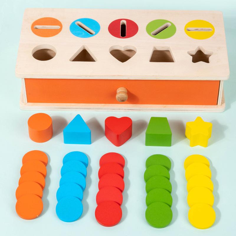 Montessori Early Education Coin Box with Color & Shape Matching Blocks - Educational Wooden Toy