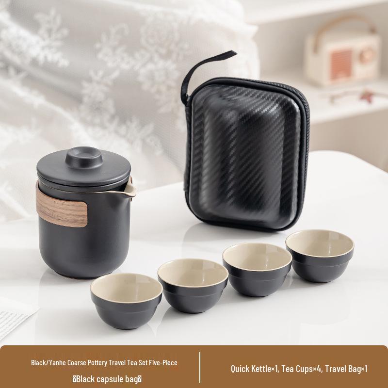 Portable Ceramic Travel Tea Set: Quick-Brew Pot & 4 Cups for Outdoor & Car Use, Simple Carry-Along Gift
