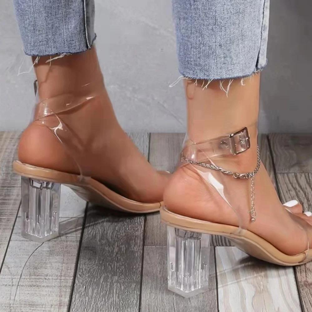 Women PVC Jelly Crystal Chunky Heel Transparent Sandals Sexy Summer High Heels Sandalias Female Pumps Zapatillas Mujer