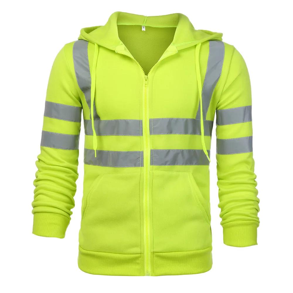 Men Reflective Strip Hoodies Casual Fit Work Safety Jackets Autumn Thin Fleece Hooded Zipper Sweatshirt Coats Workwear for Men