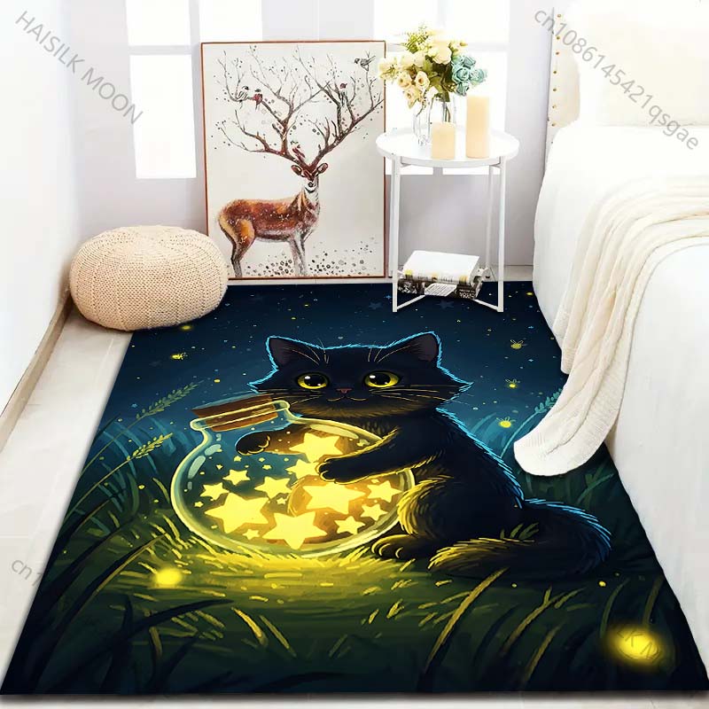 1PC Black cat holding star jar Carpet for Living Room Bedroom Sofa Home Decor Rus Non-slip Floor Mat Luxury Gift