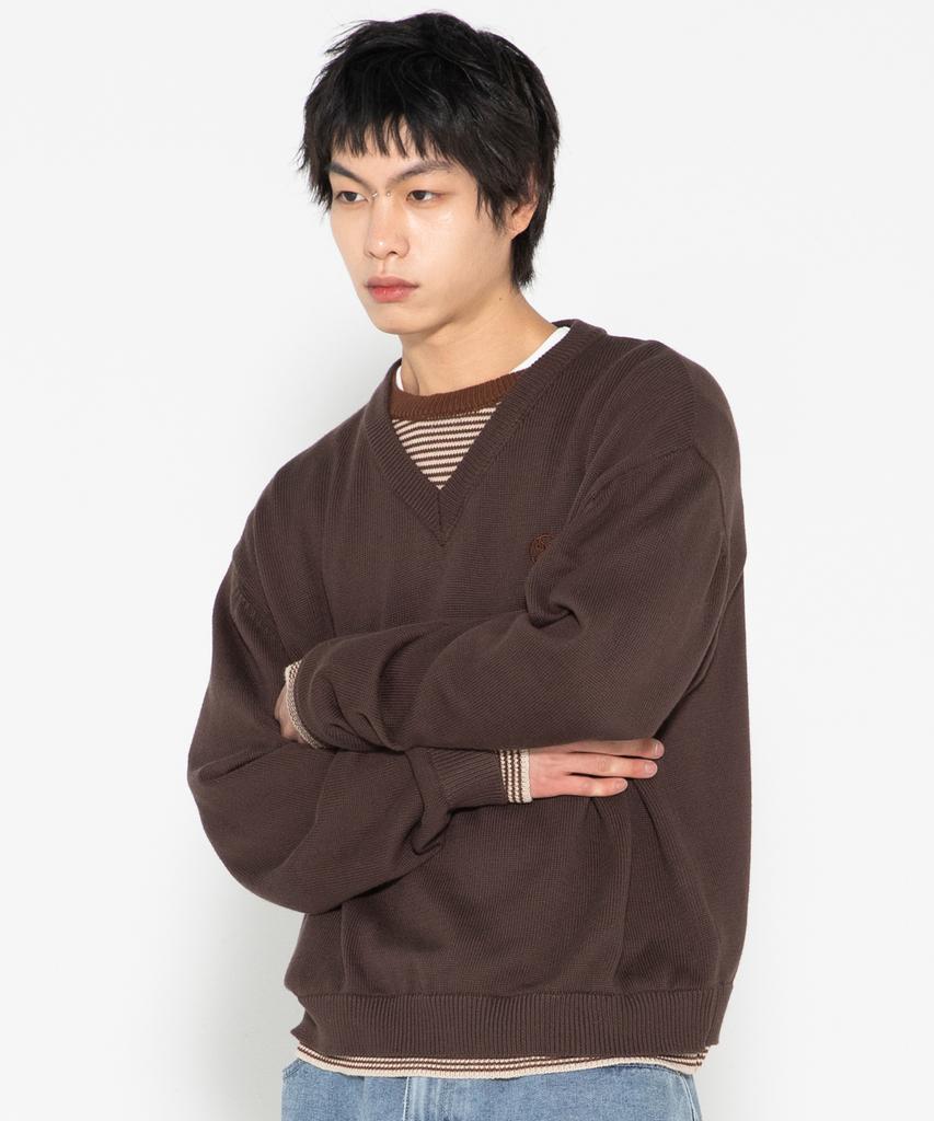 XTONZ Xtk180 Striped Layered V-Neck Pullover Knit (Brown)