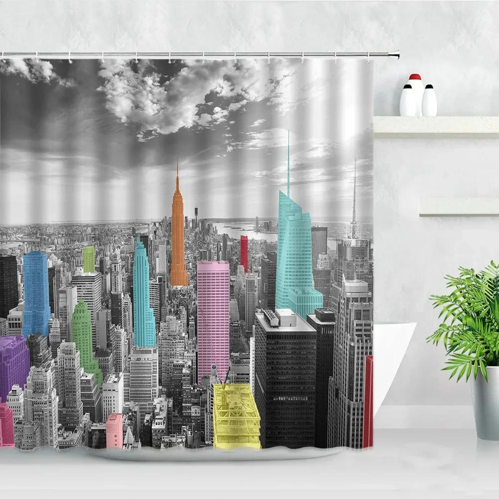 Black White New York City Scenery Shower Curtains Set 3D Building Home Wall Backdrop Decor Nordic Polyester Bathroom Bath Screen