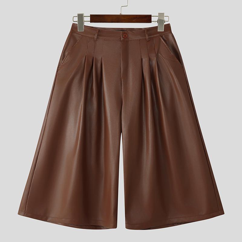 

INCERUN Мужские брюки с высокой талией, однотонные, из искусственной кожи, свободные, укороченные, с широкими штанинами 4XL коричневый