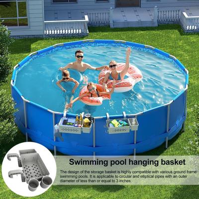 Pool Storage Basket for Above Ground Pools Poolside Storage Organizer with Cup Holder Hook Pool Accessories Holder Fits for Most Frame Pools