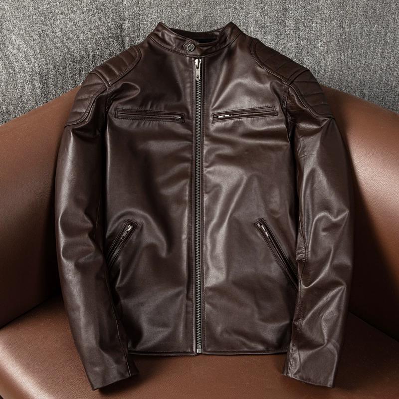 Genuine Goatskin Leather Jacket Mens Biker Coat Slim Fit Short Casual Fashion Large Size Jacket