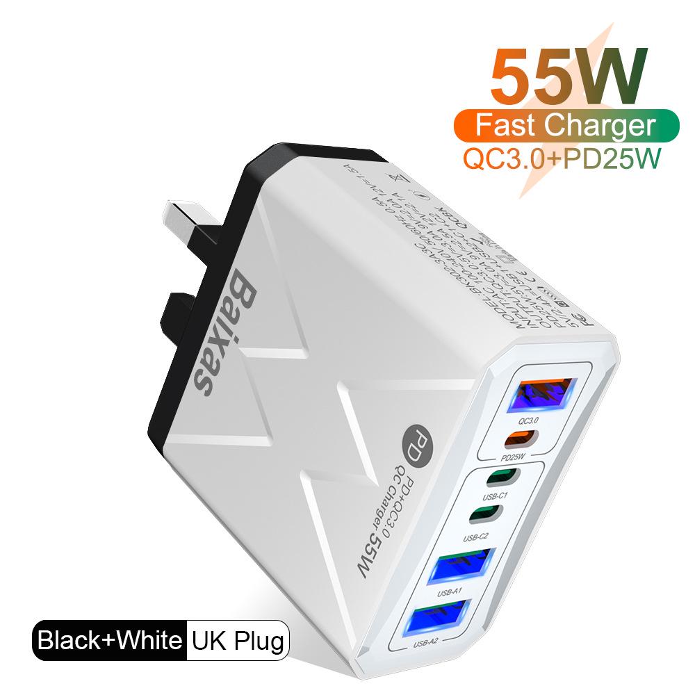 PD 25W 6-Port Fast Charger: 3 USB, 3 PD, 55W QC3.0 EU Standard for Mobile Phones