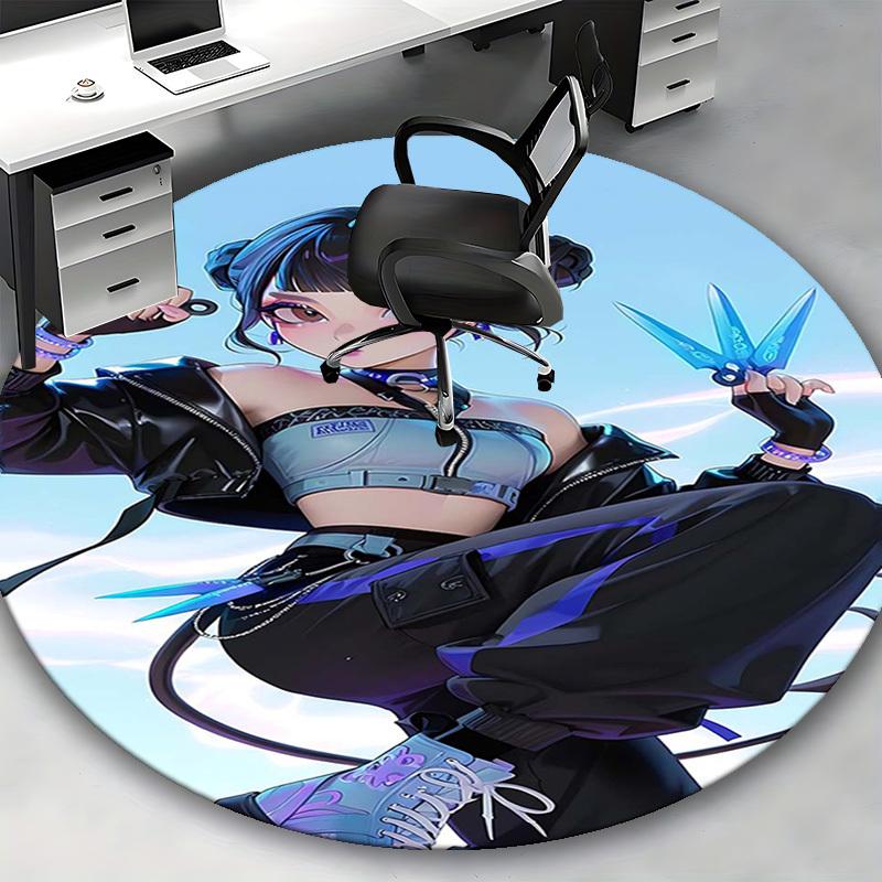 1 Stück Anime-Design Runder Teppich - Bürostuhlmatte mit Blauem Scheren-Aufdruck, Geeignet für Heimdekoration, Gaming-Zimmer