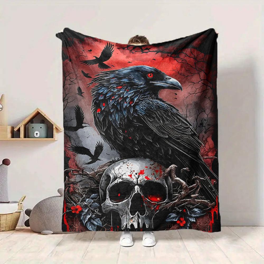1pc Raven Skull Artwork Blanket, Lightweight Flannel Throw For Sofa, Bed, Travel, Camping, Livingroom, Office, Couch, Chair, And Bed,