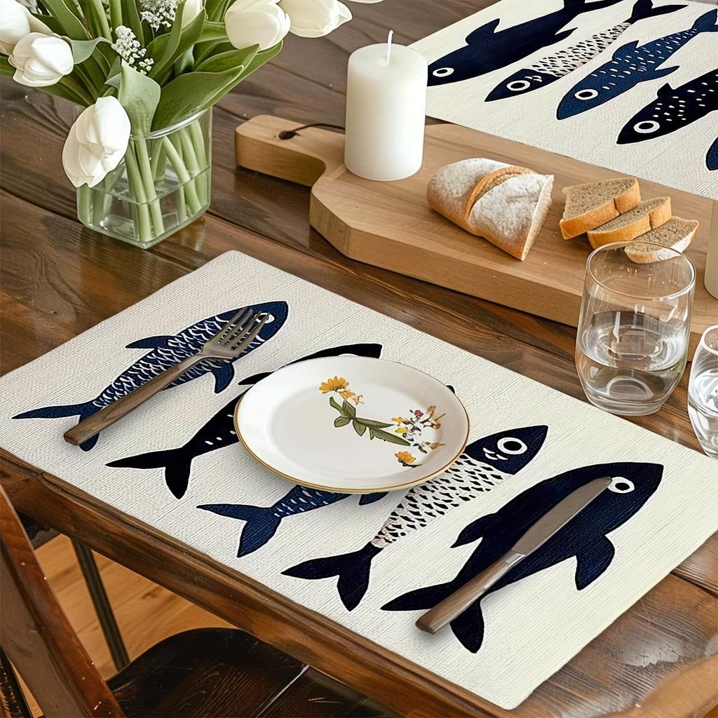 6-Piece Set Nordic Coastal Fish Pattern Placemats Machine Washable Table Mats Party Kitchen Dining Room Decor