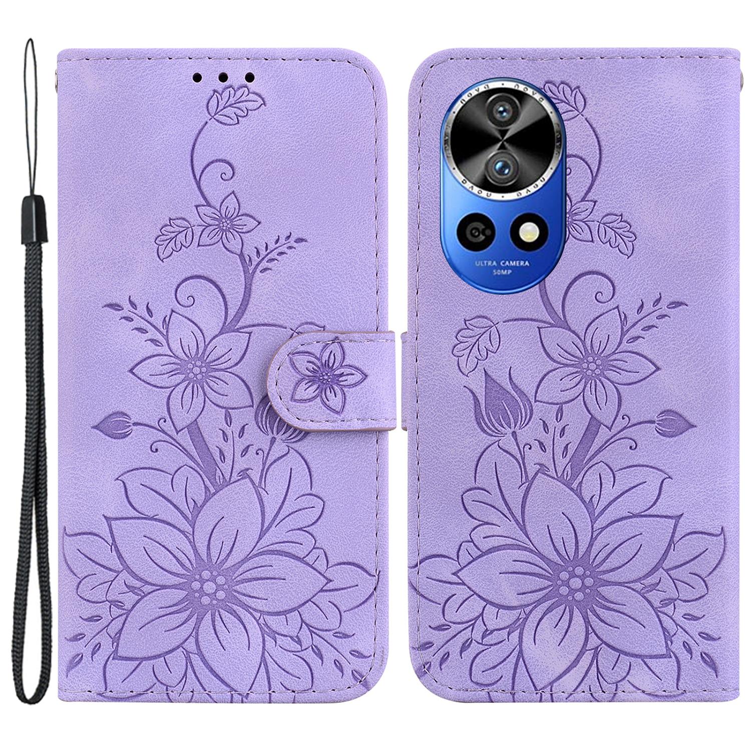 

For Huawei nova 12 Pro 5G/12 Ultra 5G Stand Case Lily Flower PU Leather Phone Cover Purple
