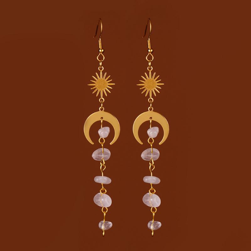 Fashionable Asymmetrical Crystal Tassel Dangle Earrings with Moonstone