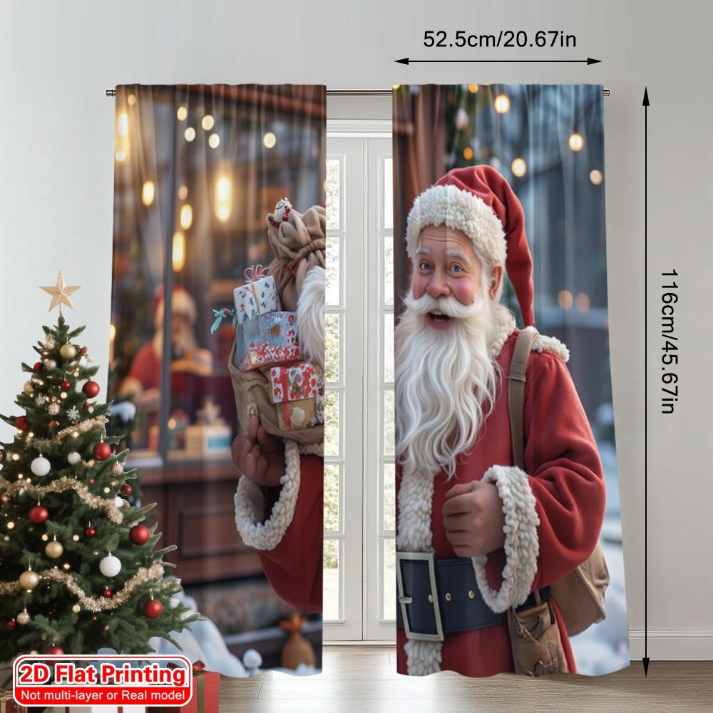 2pcs 2D Flat Printing Merry Christmas Popular Window Curtains Santa Claus Gifts Festive Joy 100% Polyester Without Electricity