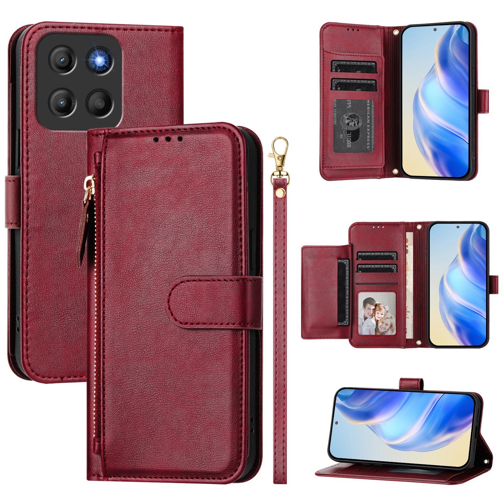 

For Motorola Moto G15 4G Case Zipper Pocket Multiple Card Slots Leather Phone Cover Red