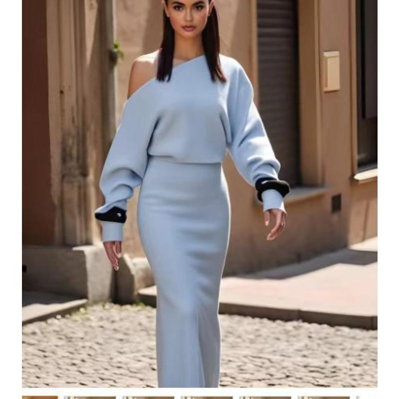 GMXIA Women's Fashion Autumn Winter Solid Color Print Long Sleeve Casual Dresses